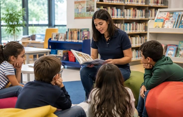 Professora lendo um livro para crianças na biblioteca da escola